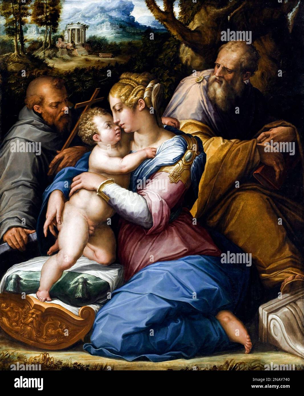 Heilige Familie mit dem heiligen Franziskus in einer Landschaft von Giorgio Vasari (1511-1574), Öl auf Leinwand, 1542 Stockfoto
