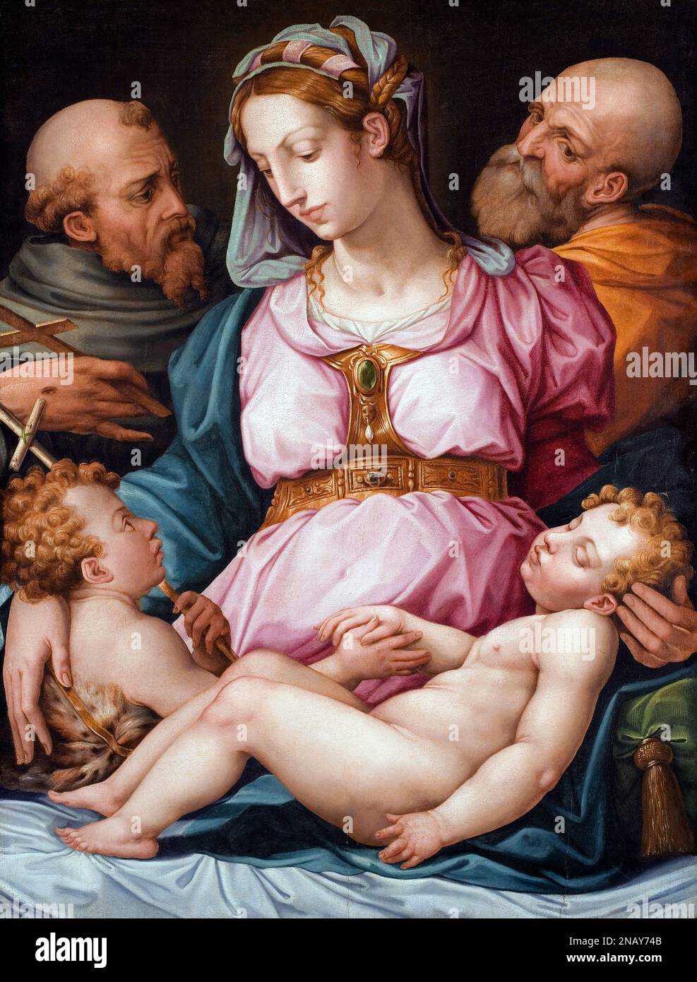 Heilige Familie mit dem Säuglingsheiligen Johannes dem Täufer und dem Heiligen Franziskus von Giorgio Vasari (1511-1574), Öl auf der Platte, nach 1544 Stockfoto