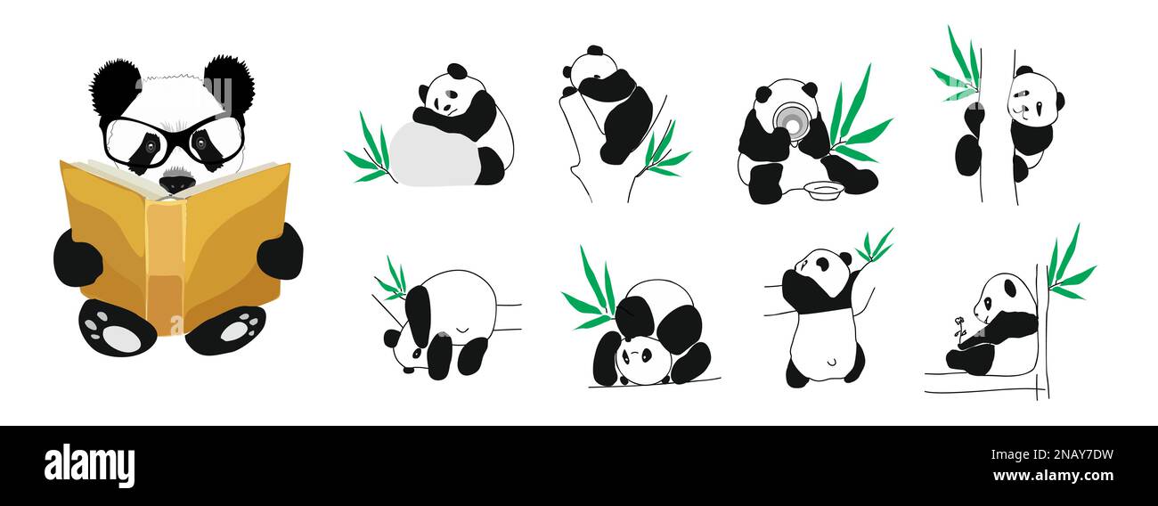 Set aus kleinen niedlichen Pandas in verschiedenen Posen Vektorbilder isoliert. Stock Vektor