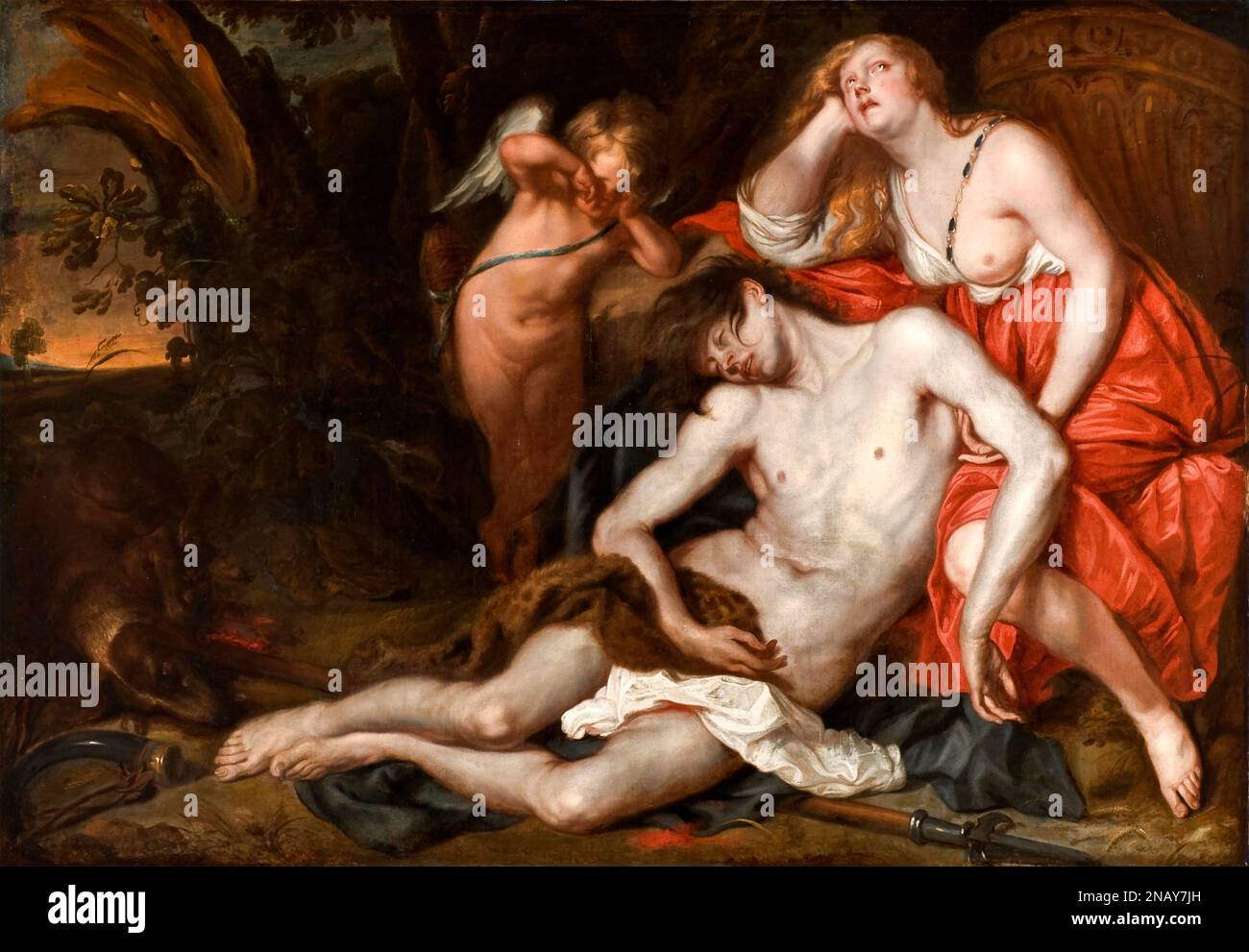 Thomas Willeboirts Bosschaert. Gemälde mit dem Titel Venus Waiailing the Death of Adonis vom flämischen Barockkünstler Thomas Willeboirts Bosschaert (1613-1654), Öl auf Leinwand Stockfoto