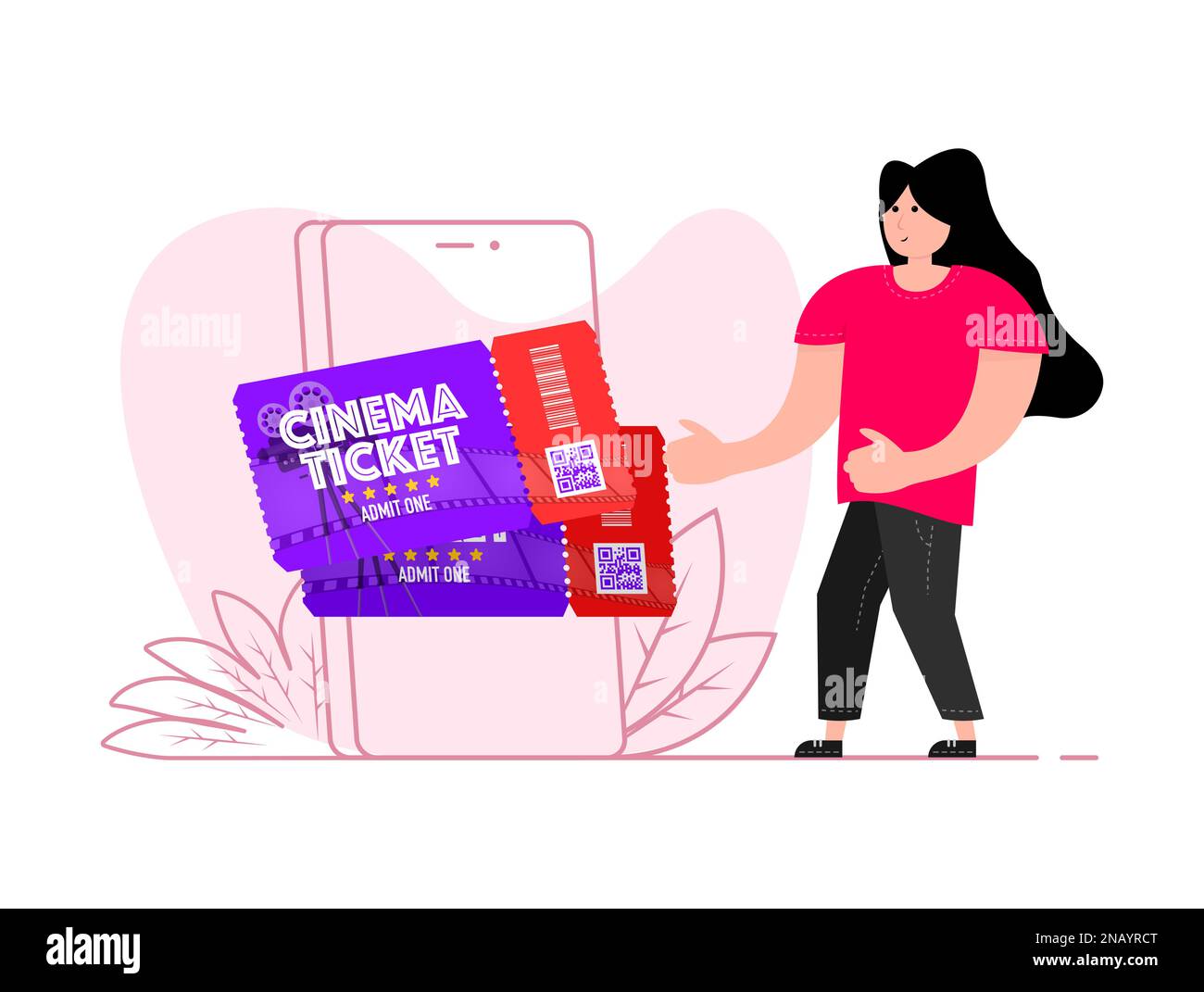 Eine Frau steht in der Nähe des Smartphones, auf der Leinwand Kinokarte. Eintrittskarte. Geben Sie Eins Zu Stock Vektor