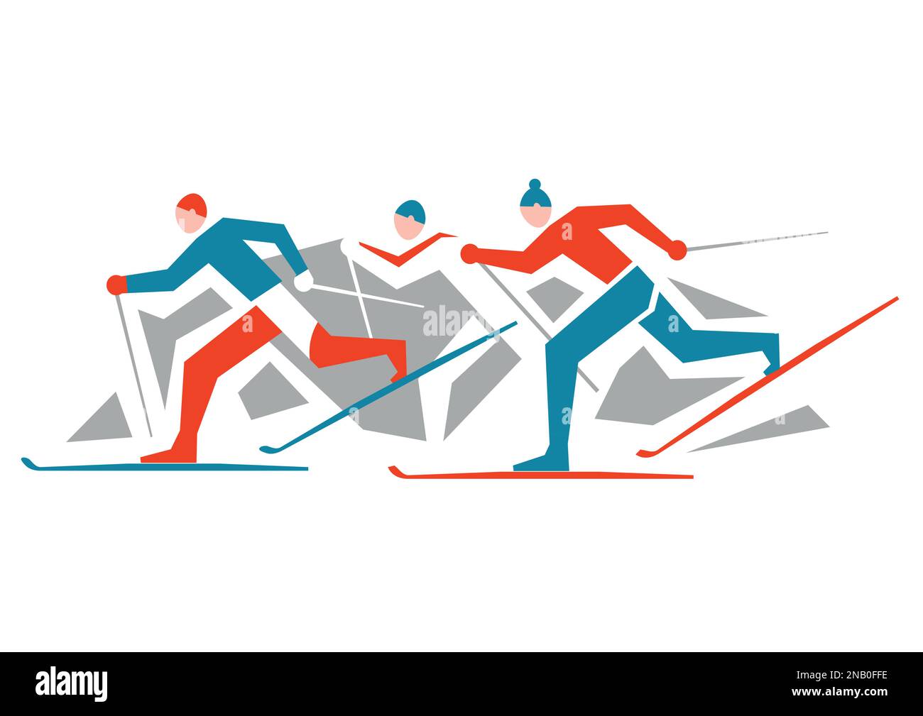 Skilanglauf. Eine stilisierte Zeichnung von drei Skilanglaufwettbewerbern. Isoliert auf weißem Hintergrund. Vektor verfügbar. Stock Vektor