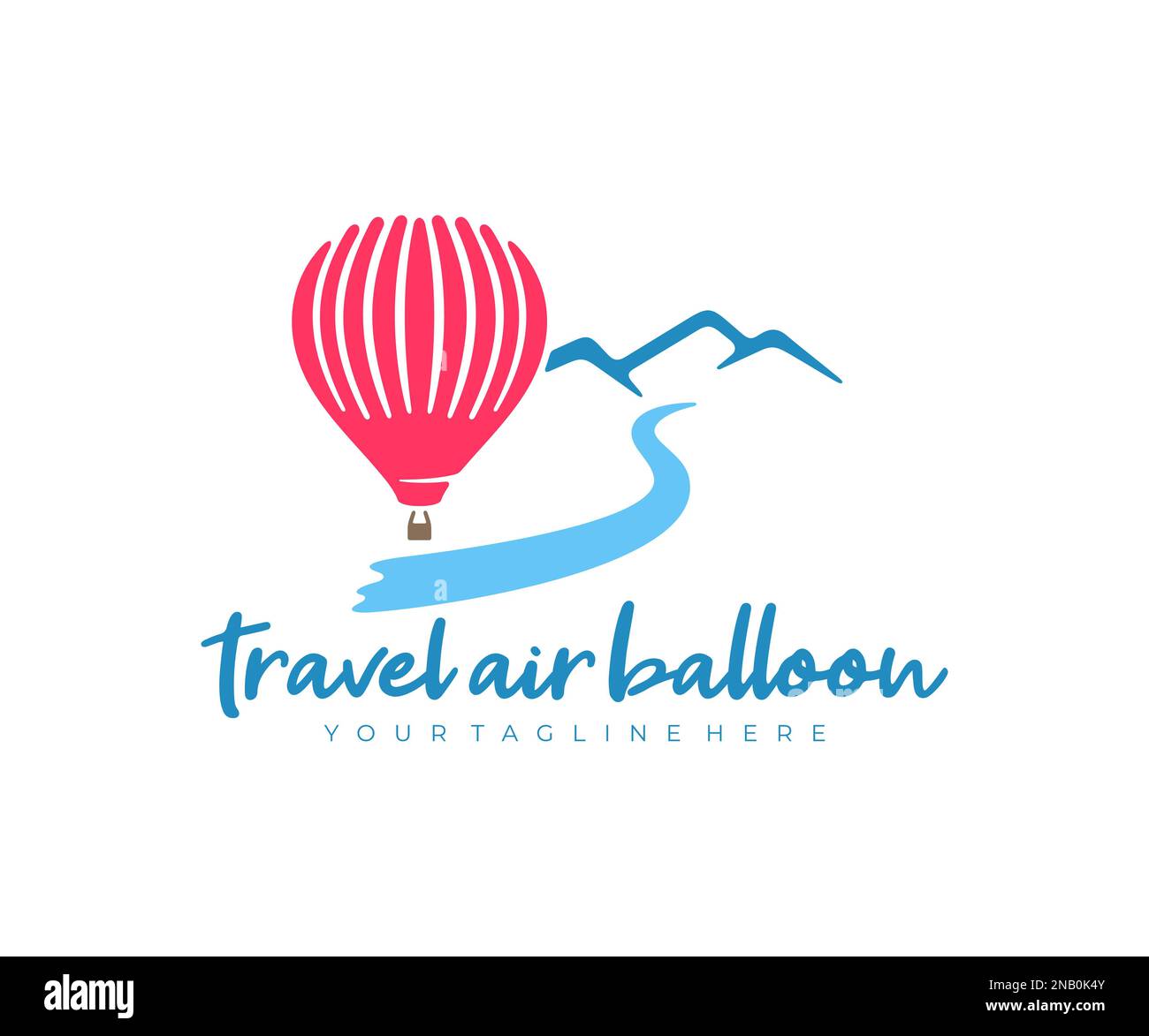 Reise Luftballon, Reisen, Luftballon, Berge und Fluss, Logo-Design. Flug, Abenteuer, Ballon, Ballonfahrt, Reise, Natur und Landschaft Stock Vektor