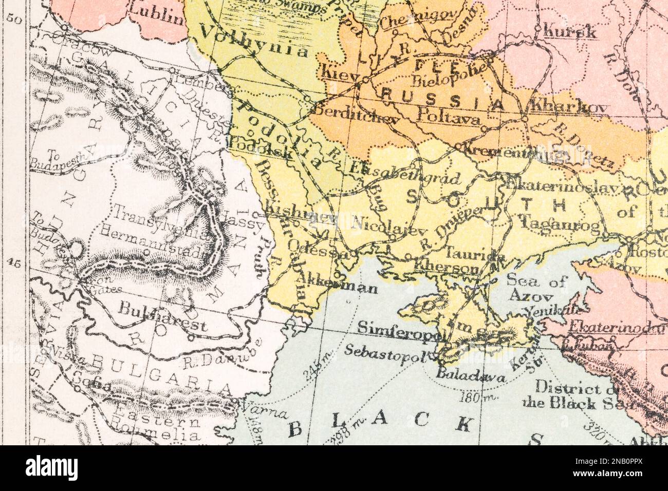 c.1890er Grenzen zwischen Rumänien, Podolia, Kishinev (derzeitige Hauptstadt von Chișinău, Moldau) und Bulgarien. Stockfoto