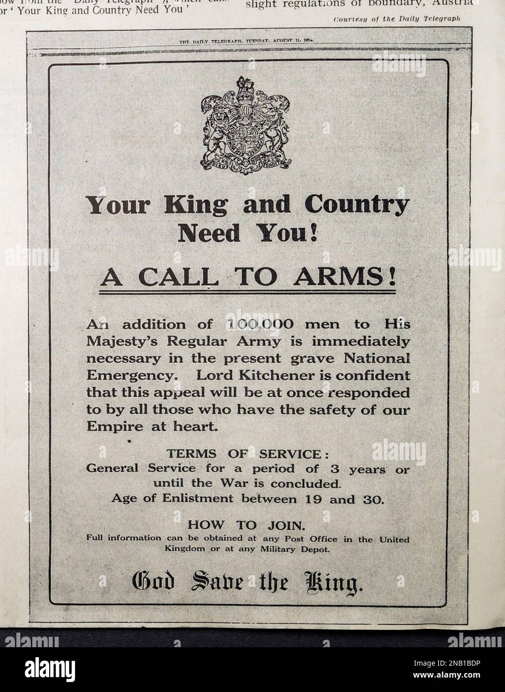 'Euer König und Vaterland braucht euch! A Call to Arms' Poster im 1914-1918. Weltkrieg A Pictured History (1934). Stockfoto