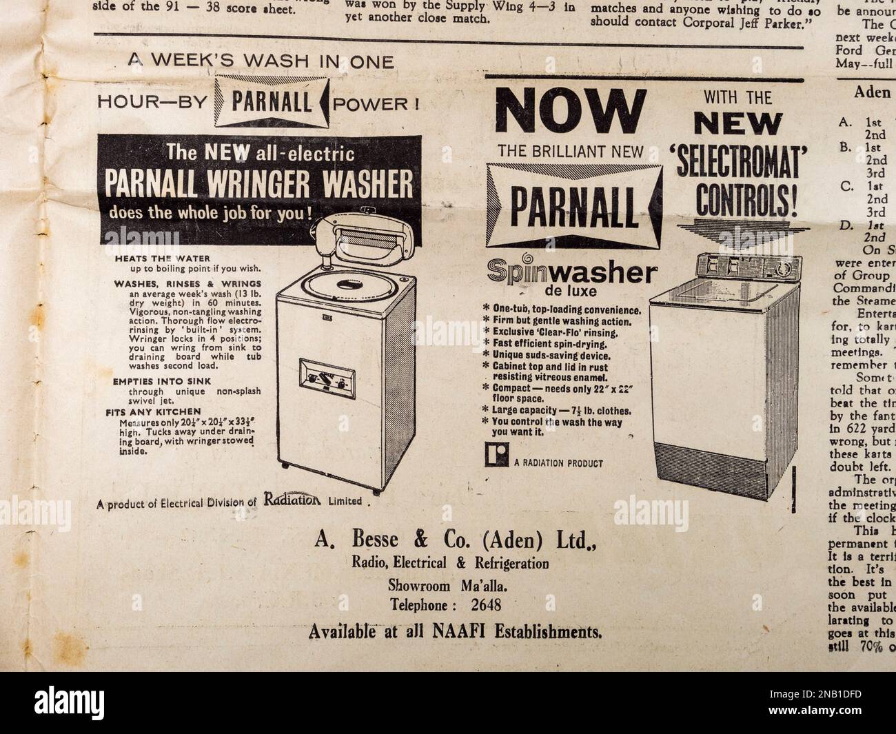 Werbung für Parnall Waschmaschinen in der Zeitung „The Dhow“, Zeitung „The Dhow“, Aden (13. Mai 1965). Stockfoto