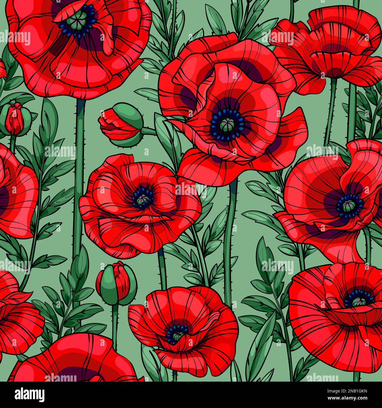 Scharlachrote Mohnblumen, nahtloses Vektormuster Stockfoto