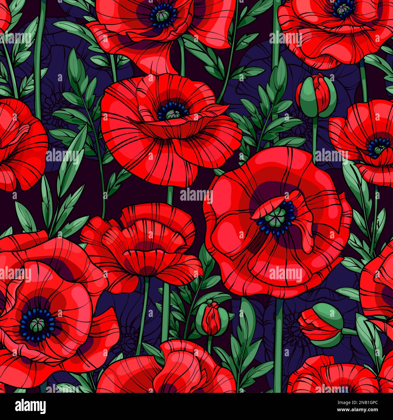 Scharlachrote Mohnblumen, nahtloses Vektormuster Stockfoto