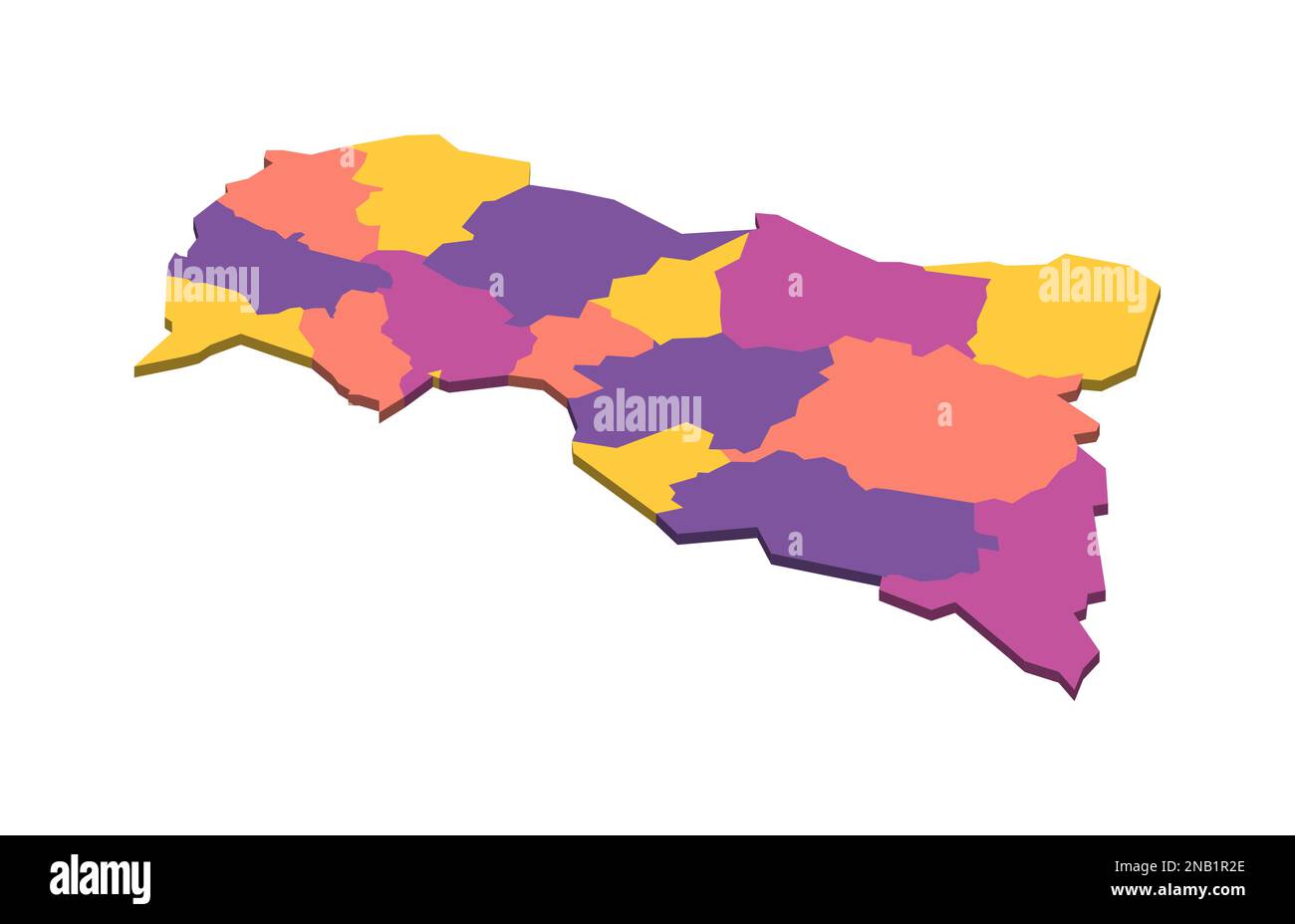 Politische Karte der Verwaltungseinheiten der Zentralafrikanischen Republik - Präfekturen und autonome Gemeinde Bangui. Isometrische leere 3D-Vektorzuordnung in vier Farbschemata. Stock Vektor