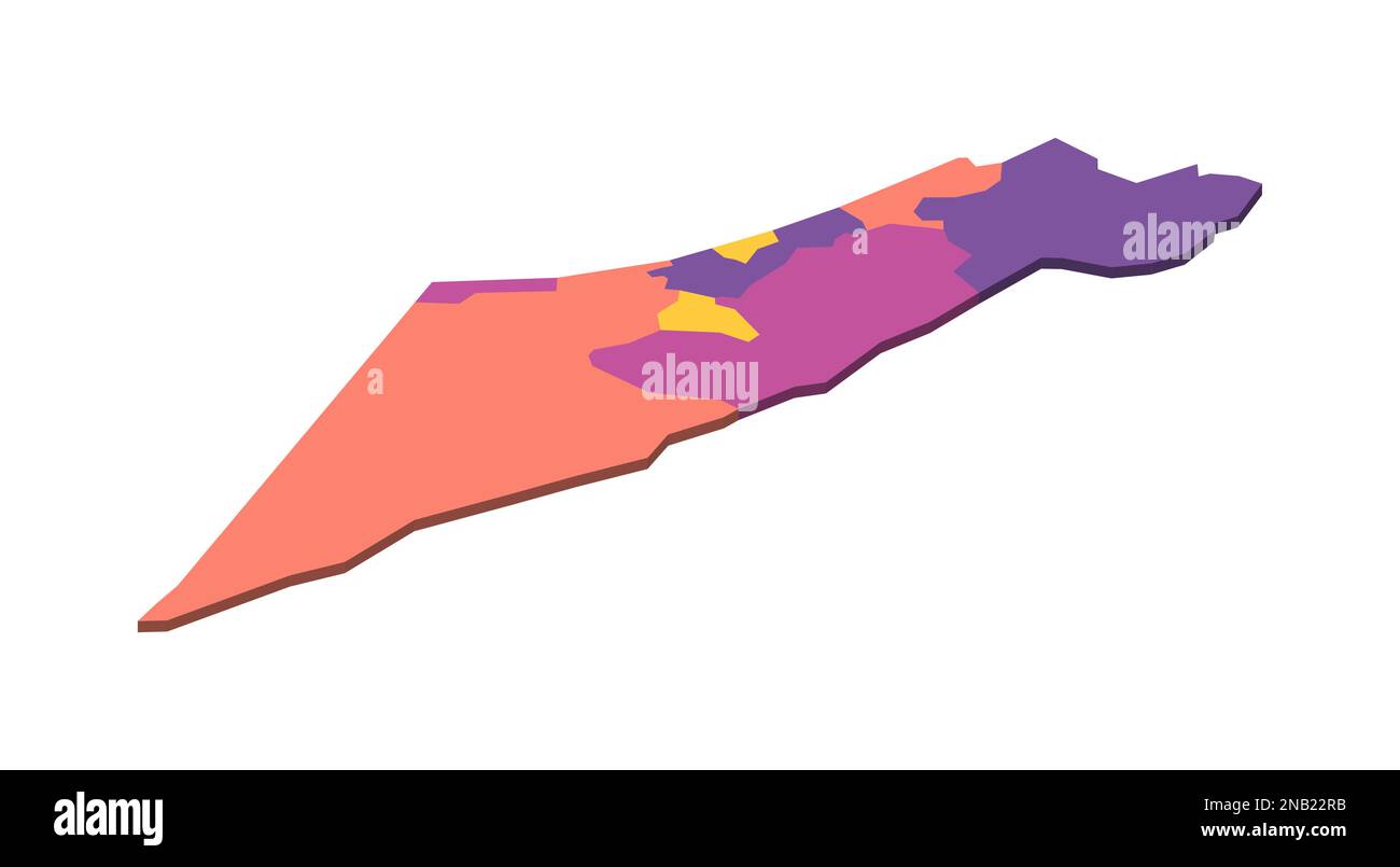 Politische Karte Israels mit Verwaltungsbezirken - Bezirke, Gazastreifen, Judäa und Samaria. Isometrische leere 3D-Vektorzuordnung in vier Farbschemata. Stock Vektor