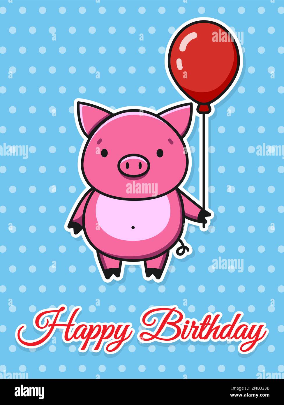 Happy Birthday Vector Kinderkarte. Süßes rosa Schwein mit rotem Ballon. Stock Vektor