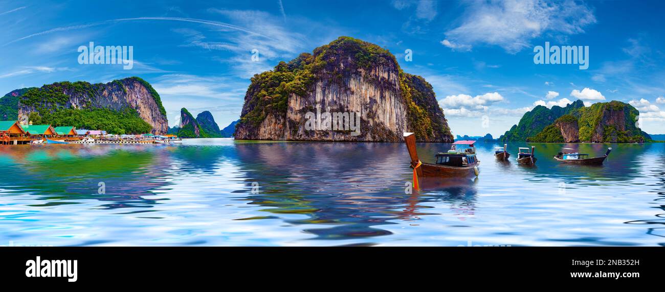 Seascape und paradiesischer idyllischer Strand. Landschaft Thailands Meer und Insel. Abenteuer und exotisches Reisekonzept. Malerische Landschaft von Phuket. Stockfoto