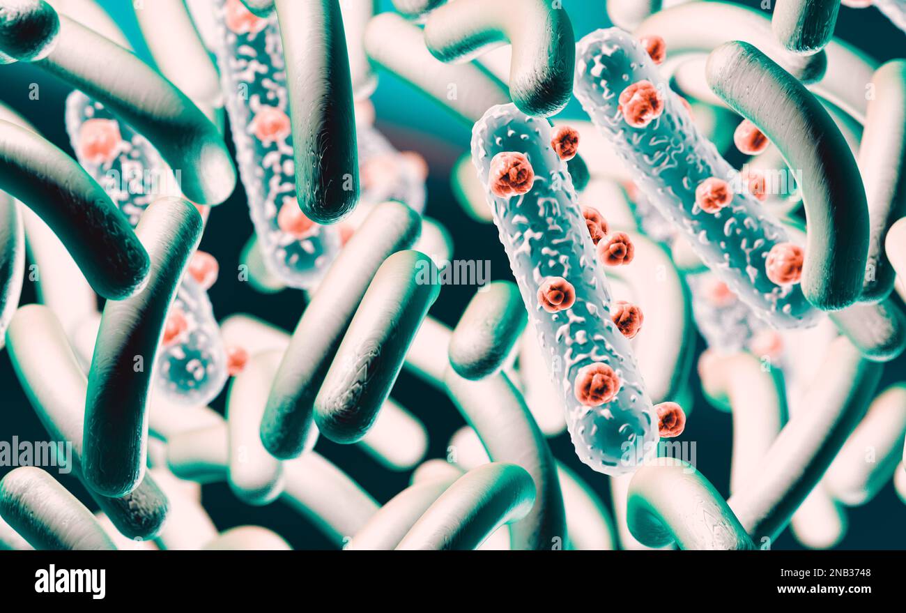 3D Darstellung des mikroskopischen Bildes eines Virus oder einer Infektionszelle.Mikrobakterien und bakterielle Organismen.Biologie und wissenschaftlicher Hintergrund. Stockfoto