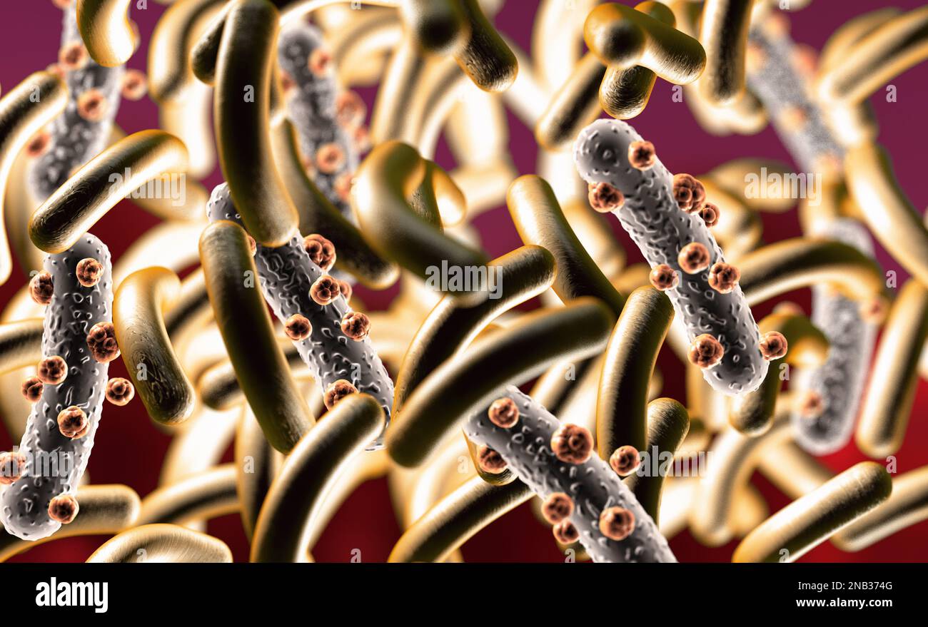 3D Darstellung des mikroskopischen Bildes eines Virus oder einer Infektionszelle.Mikrobakterien und bakterielle Organismen.Biologie und wissenschaftlicher Hintergrund. Stockfoto