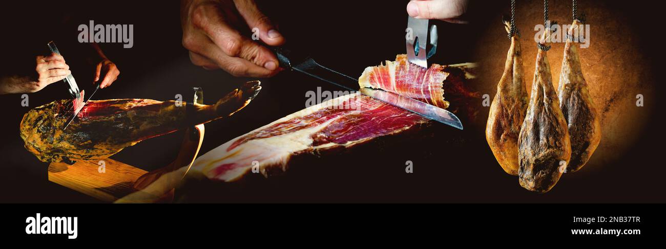 Spanischer íberic-Schinken. Spanischer Jamon und traditionelle Speisen. Trockener spanischer Schinken, Jamon Serrano, Bellota, italienischer Prosciutto Crudo oder Parmaschinken. Stockfoto
