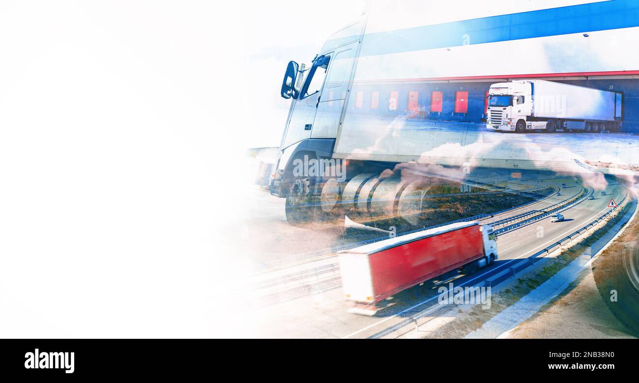 Abstract Hintergrund LKW und Transport.Autobahn und Lieferung.LKW und Autos fahren auf der Straße.Logistik und Lagerhaltung. Stockfoto