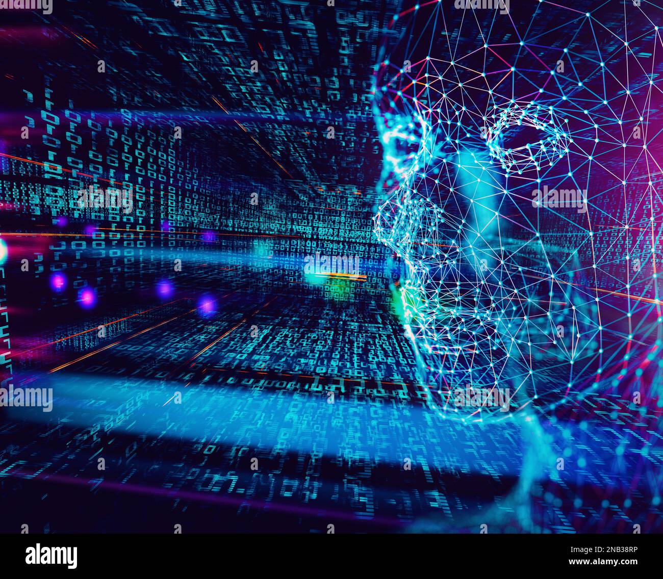 Abstrakter Hintergrund von Cyborg-Gesicht und -Technologie.Big Data und Lernmaschine.3D-Illustration.Algorithmusprogrammierung und künstliche Intelligenz. Stockfoto