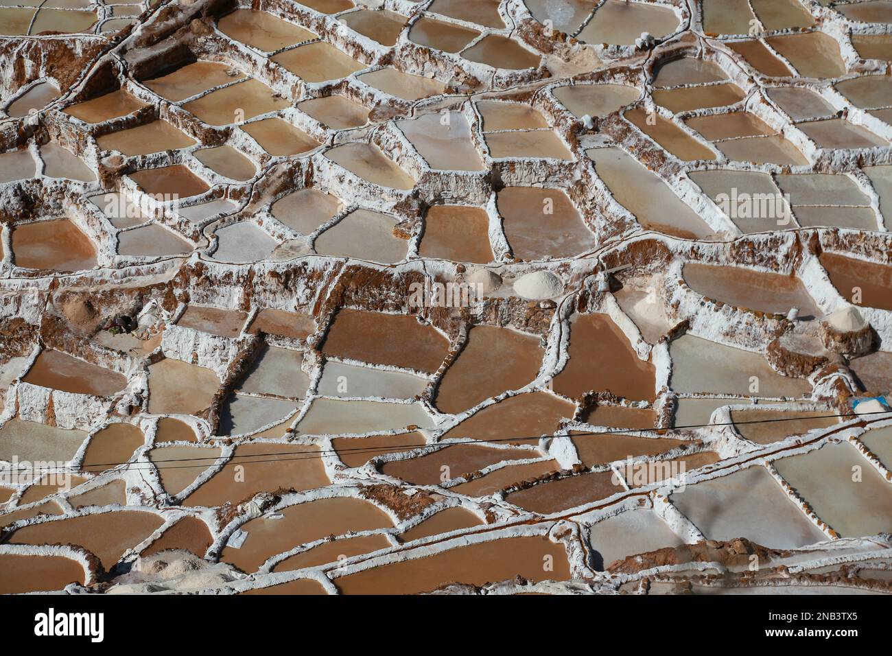 Der Blick aus der Vogelperspektive auf den traditionellen Ort der Salzproduktion und eine der wichtigsten Touristenattraktionen im Sacré-Tal, Salinas de Maras, Peru Stockfoto