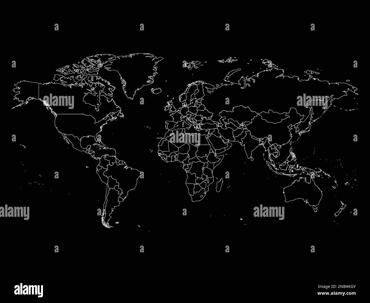 Weltkarte mit Landesgrenzen, dünne weiße Umrisse auf schwarzem Hintergrund. Einfacher, detailgenauer Linienvektor-Drahtmodell. Stock Vektor