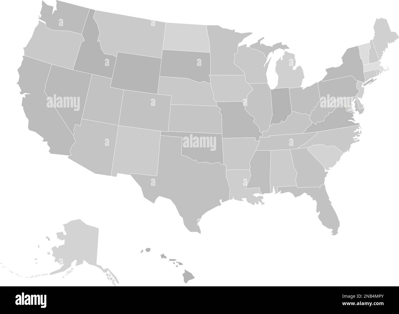 Leere Karte der Vereinigten Staaten von Amerika. Vektordarstellung in grauen Schattierungen auf weißem Hintergrund. Stock Vektor