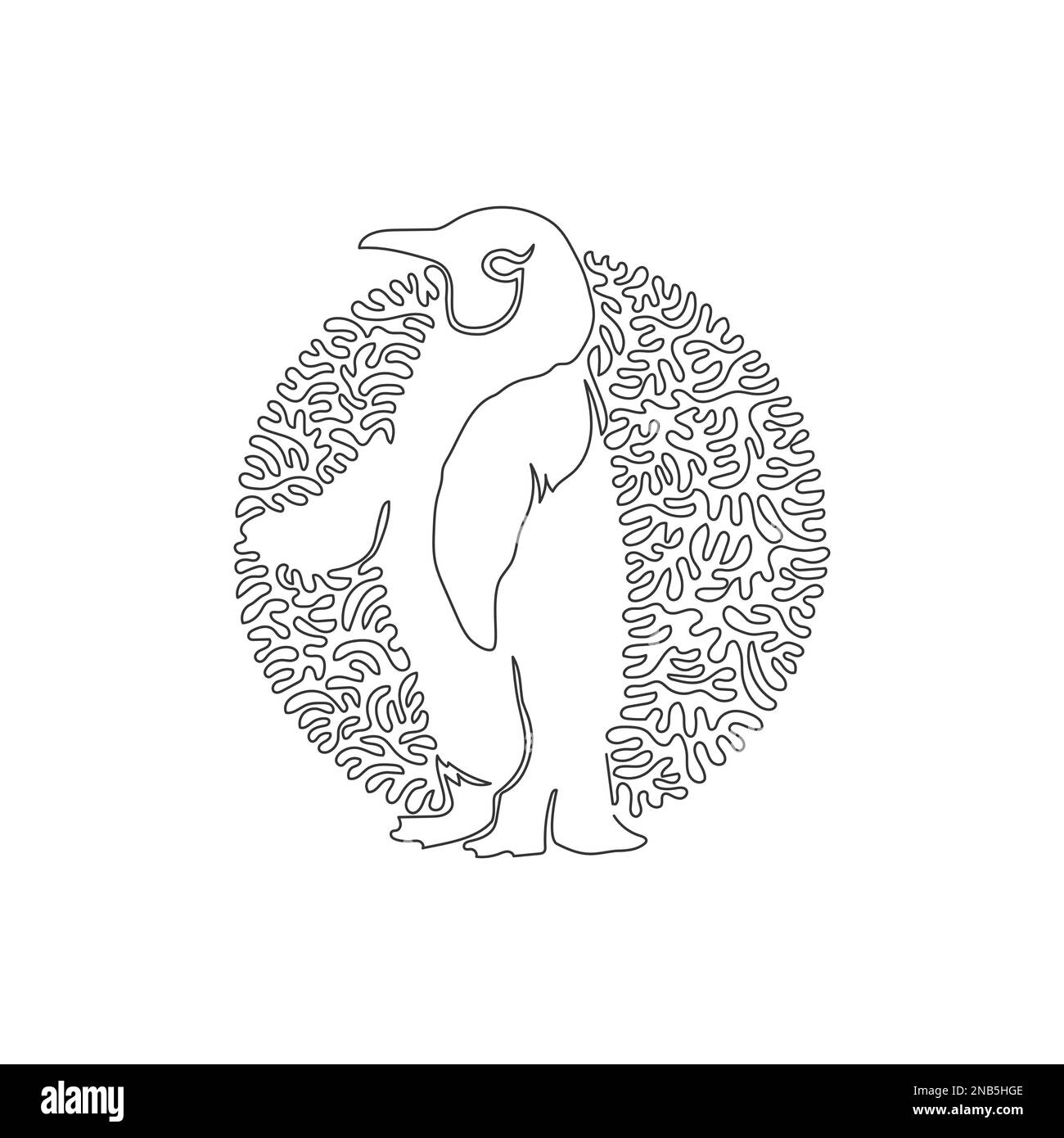 Durchgehende Kurve eine Linienzeichnung des stehenden Pinguins. Abstrakte Kunst im Kreis. Einzeilige editierbare Strichvektordarstellung des süßen Pinguins Stock Vektor