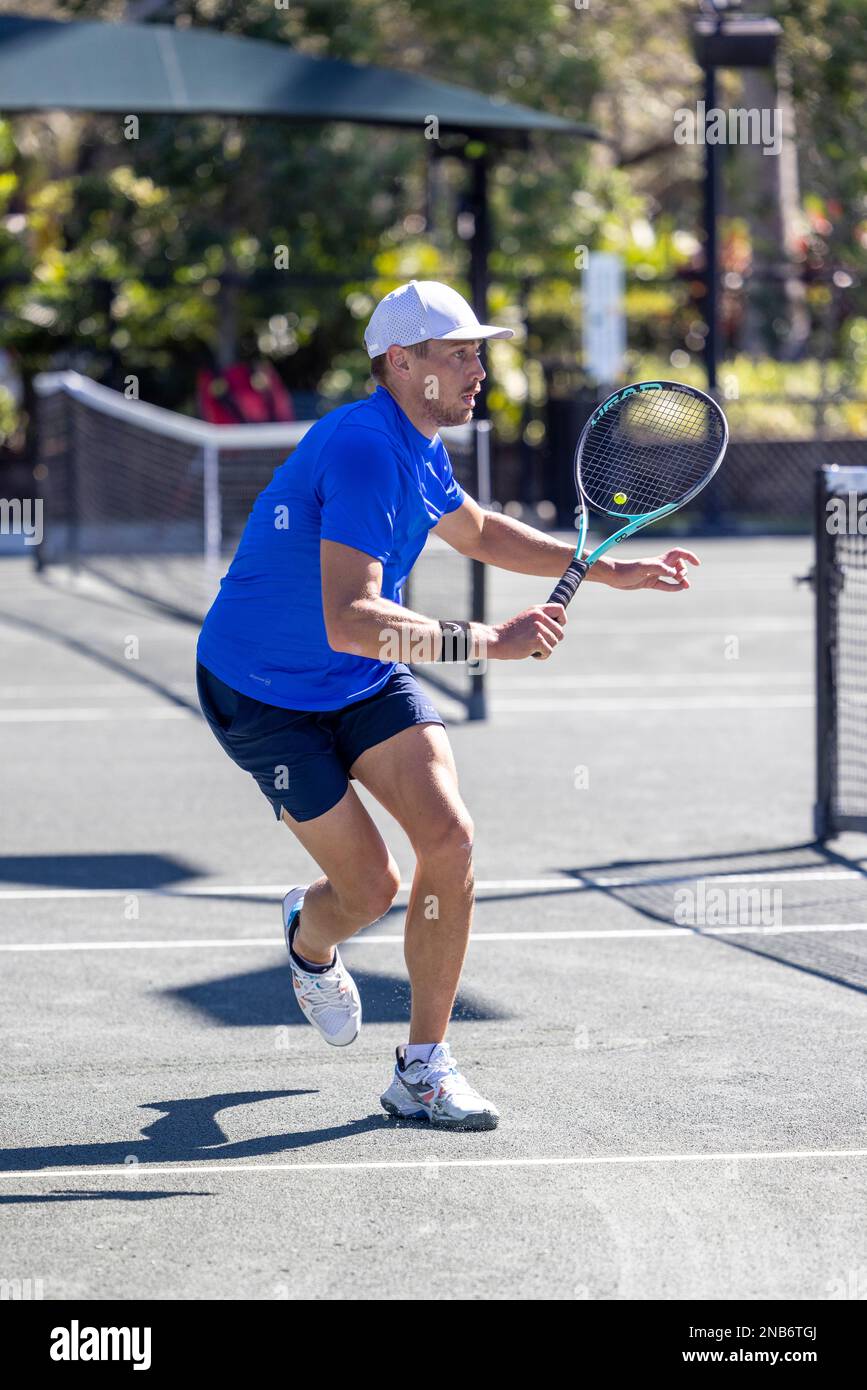 Der schwedische Tennisspieler Lucas Renard spielt am 13. 2023. Februar beim Midtown Weston Future MT-Tennisturnier in Weston, FL Stockfoto