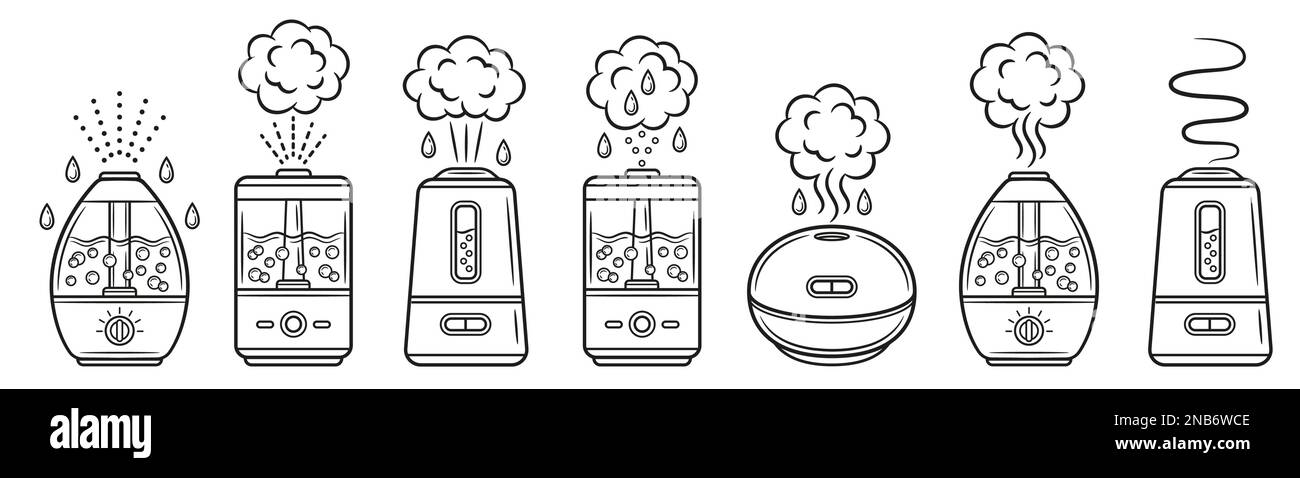 Luftbefeuchter Luft, Reinigungsgerät für Zuhause mit Symbolsatz für Dampfleitung. Luftfeuchtigkeitskontrolle im Hausraum. Wasserdampf feuchtigkeitsspendend. Elektrogerätevektor Stock Vektor