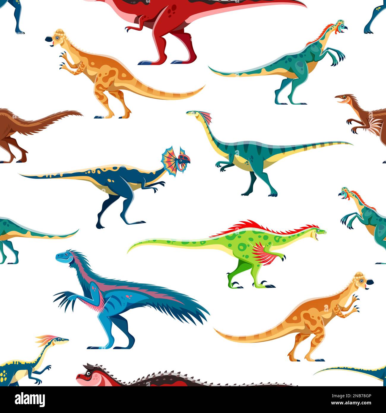 Dinosaurier-Cartoon-Charaktere mit nahtlosem Muster. Textilvektorhintergrund oder -Aufdruck mit komischen Persönlichkeiten wie Pachycephalosaurus, Oviraptor, Dilophosaur und Gallimimus, Raptor, Therizinosaurus Dinosaurus Stock Vektor