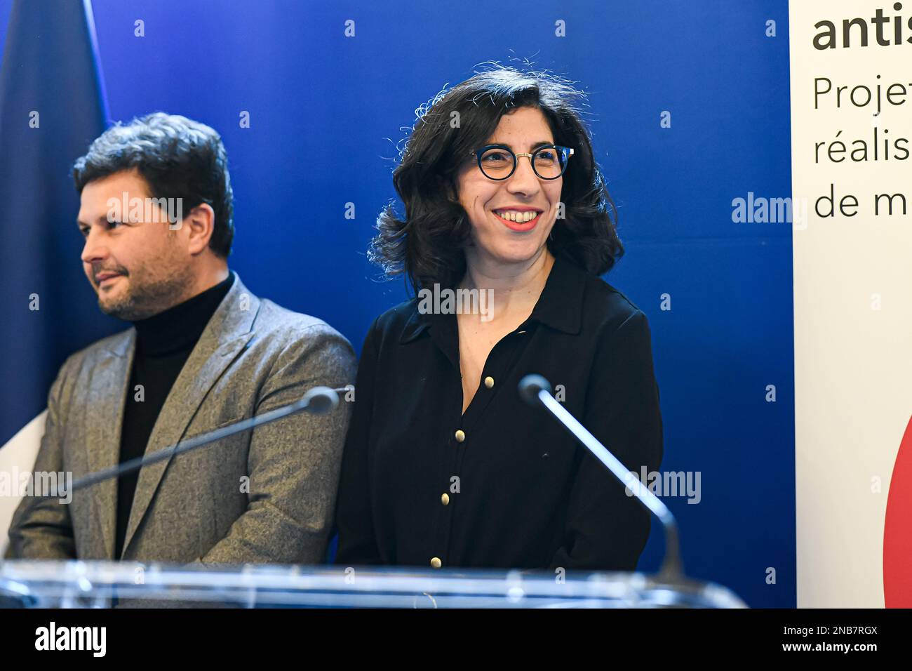 RIMA Abdul Malak Kulturminister während der Zeremonie des Ilan-Halimi-Preises, mit dem junge Menschen unter 25 Jahren, die sich für die Bekämpfung rassistischer und antisemitischer Vorurteile einsetzen, am 13. Februar 2023 im Justizministerium in Paris (Frankreich) ausgezeichnet werden. Foto: Victor Joly/ABACAPRESS.COM Stockfoto