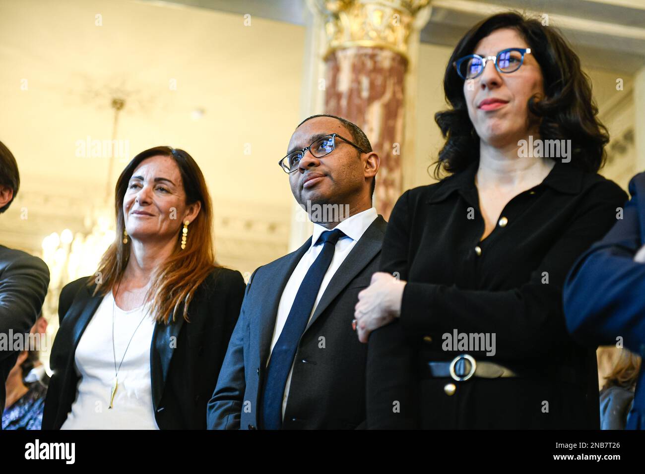 Emilie Freche, Pap Ndiaye (oder N'Diaye) und Rima Abdul Malak während der Zeremonie des Ilan-Halimi-Preises, mit dem junge Menschen unter 25 Jahren, die sich für die Bekämpfung rassistischer und antisemitischer Vorurteile einsetzen, am 13. Februar 2023 im Justizministerium in Paris (Frankreich) ausgezeichnet werden. Foto: Victor Joly/ABACAPRESS.COM Stockfoto