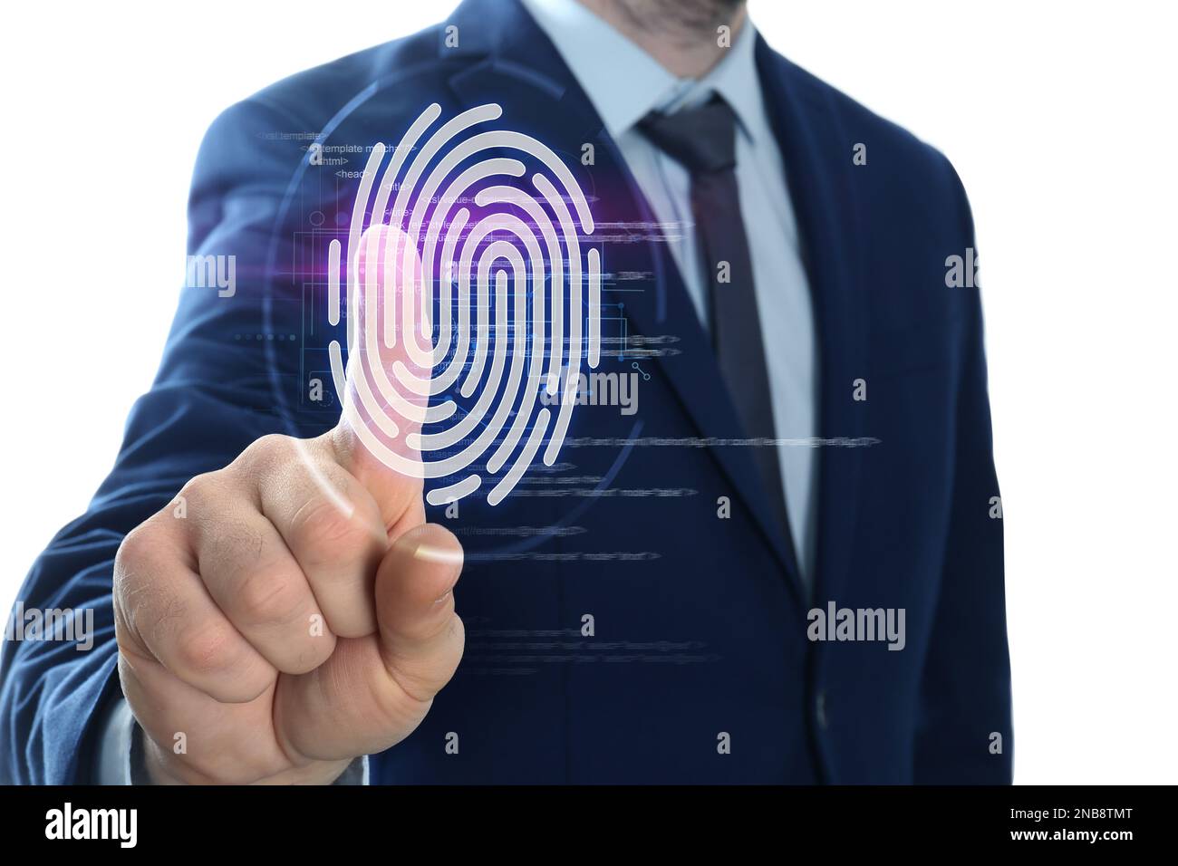 Mann mit biometrischem Fingerabdruck-Scanner auf weißem Hintergrund, Nahaufnahme Stockfoto