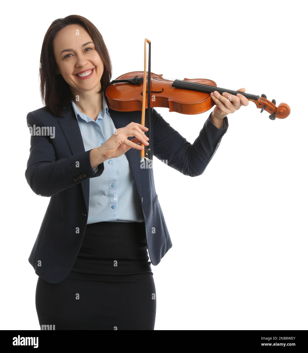 Musiklehrer spielt Geige auf weißem Hintergrund Stockfoto