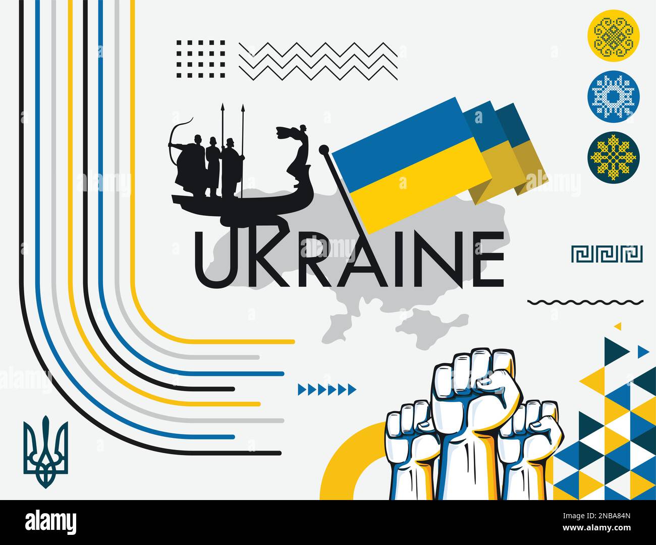 Ukrainisches Banner für den Nationalfeiertag, abstraktes modernes Design. Ukrainische Flaggenkarte, blaues gelbes Farbschema. Krieg mit erhobenen Fäusten, kultureller Hintergrund. Vektor Stock Vektor