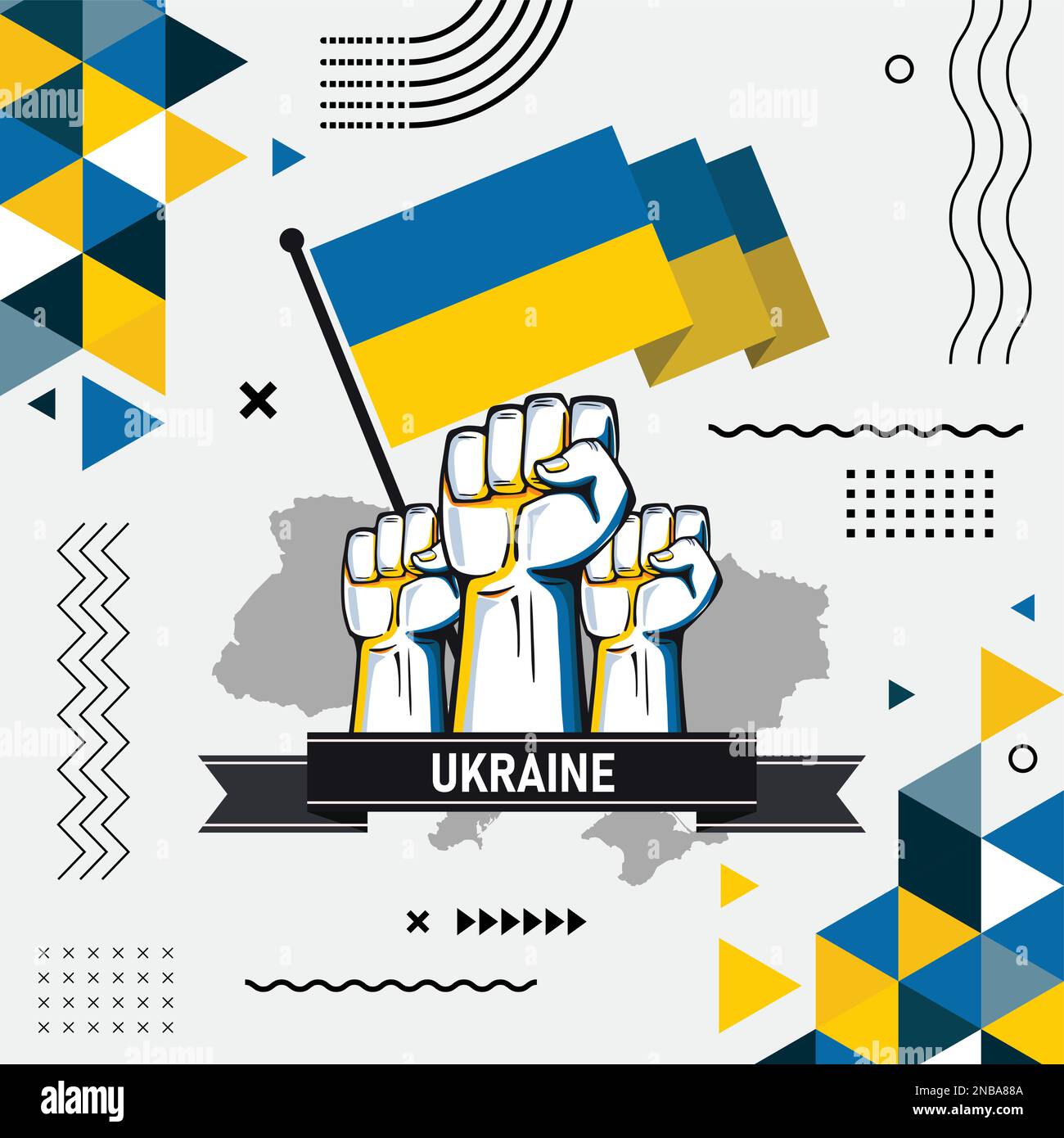 Ukrainisches Banner für den Nationalfeiertag, abstraktes modernes Design. Ukrainische Flaggenkarte, blaues gelbes Farbschema. Krieg mit erhobenen Fäusten, kultureller Hintergrund. Vektor Stock Vektor