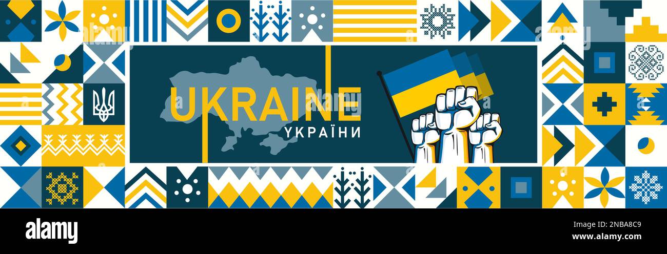 Ukrainisches Banner für den Nationalfeiertag, abstraktes modernes Design. Ukrainische Flaggenkarte, blaues gelbes Farbschema. Krieg mit erhobenen Fäusten, kultureller Hintergrund. Vektor. Stock Vektor