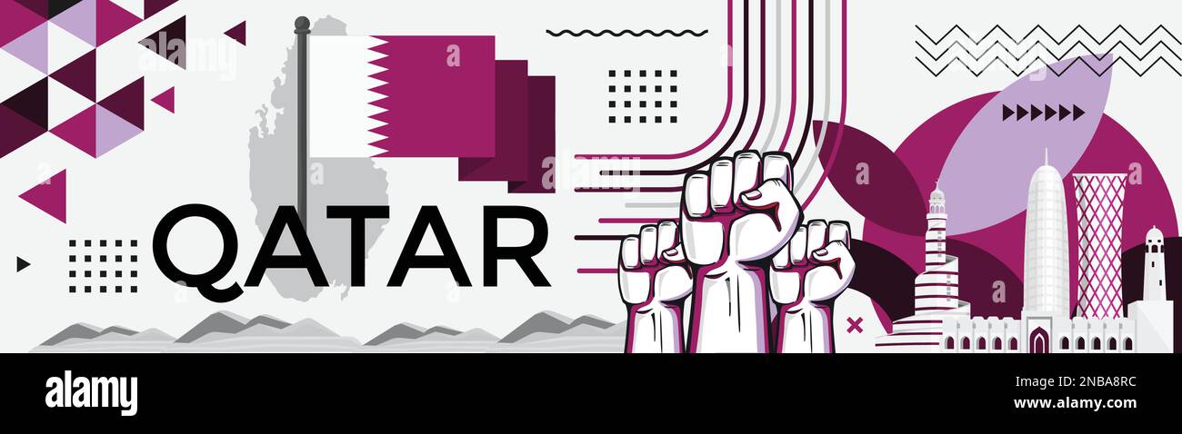 Katar-Nationaltagebanner für Sporttourismus. Katarische Flagge mit modernem abstraktem geometrischem Retro-Design. Lila oder violett. Doha Vector. Stock Vektor