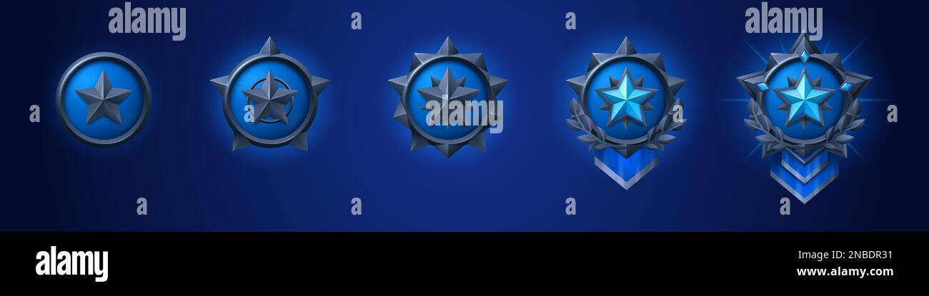 Militärabzeichen für das 3D. Spiel. Blaue, isolierte ArmeekIkone mit einer Darstellung des Fortschritts des Erfolgs. Vektormedaille für Soldatenspieler im Shooter. Platin-Emblem Stock Vektor