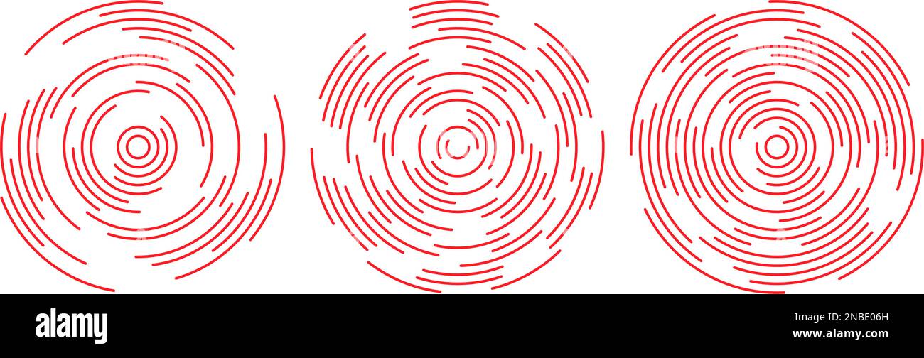 Rote konzentrische Kreissegmente festgelegt. Abgerundeter patten-Hintergrund. Sonar- oder Schallwellen-Ringsammlung. Epicentre, Ziel, Radarsymbol-Konzept Stock Vektor