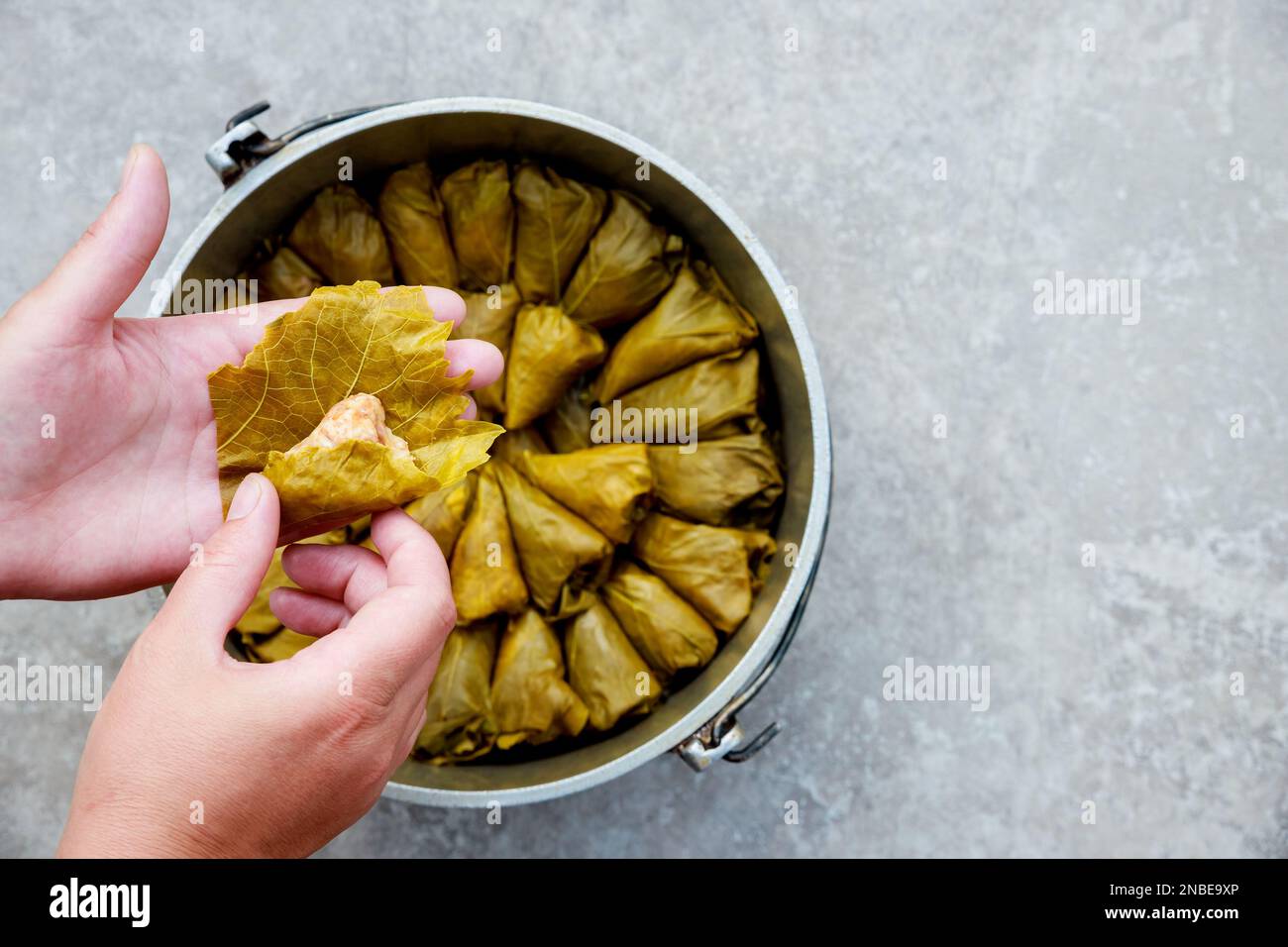 Gefüllte Traubenblätter gefüllt mit hauptsächlich Reis und Kräutern. Stockfoto