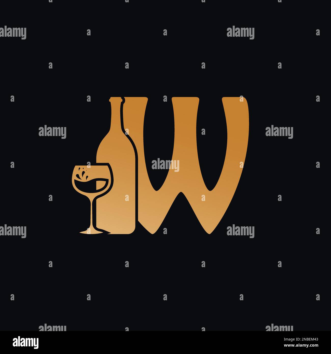 Logo mit Buchstabe „W“ und Vektordarstellung für Weinflaschen auf schwarzem Hintergrund. Design mit „W“-Logo für Weinglas Stock Vektor