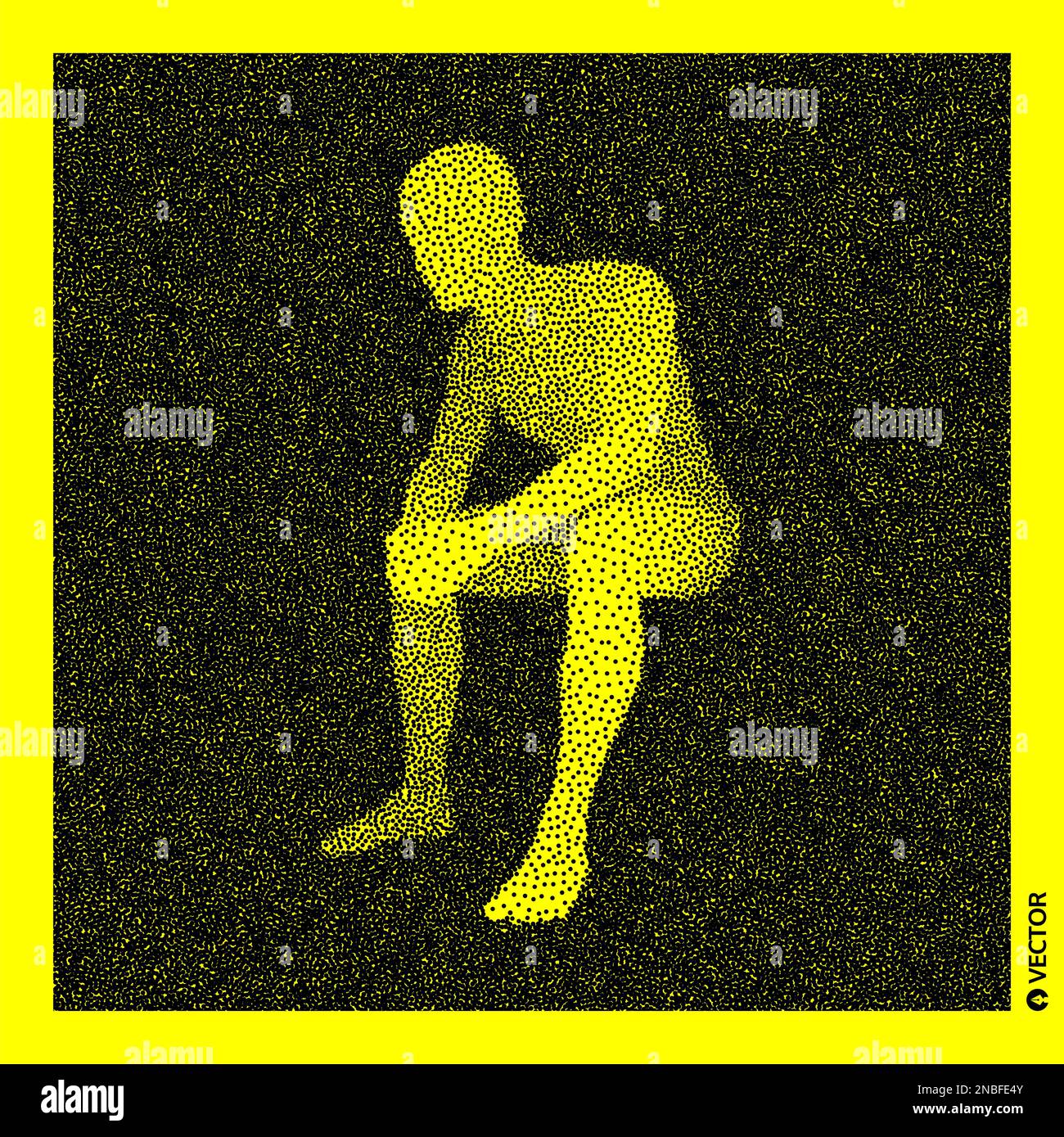 Sitzung Mann. 3D-Modell des menschlichen Körpers. Schwarz und Gelb körnig Design. Gepunktete Vector Illustration. Stock Vektor
