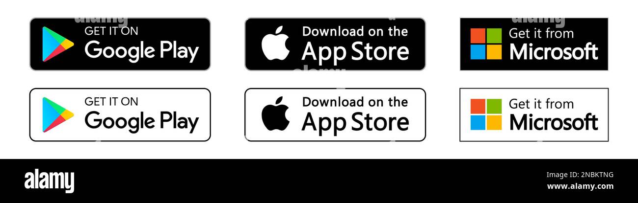 Abzeichen für Google Play Store, Apple App Store und Microsoft Store Stock Vektor