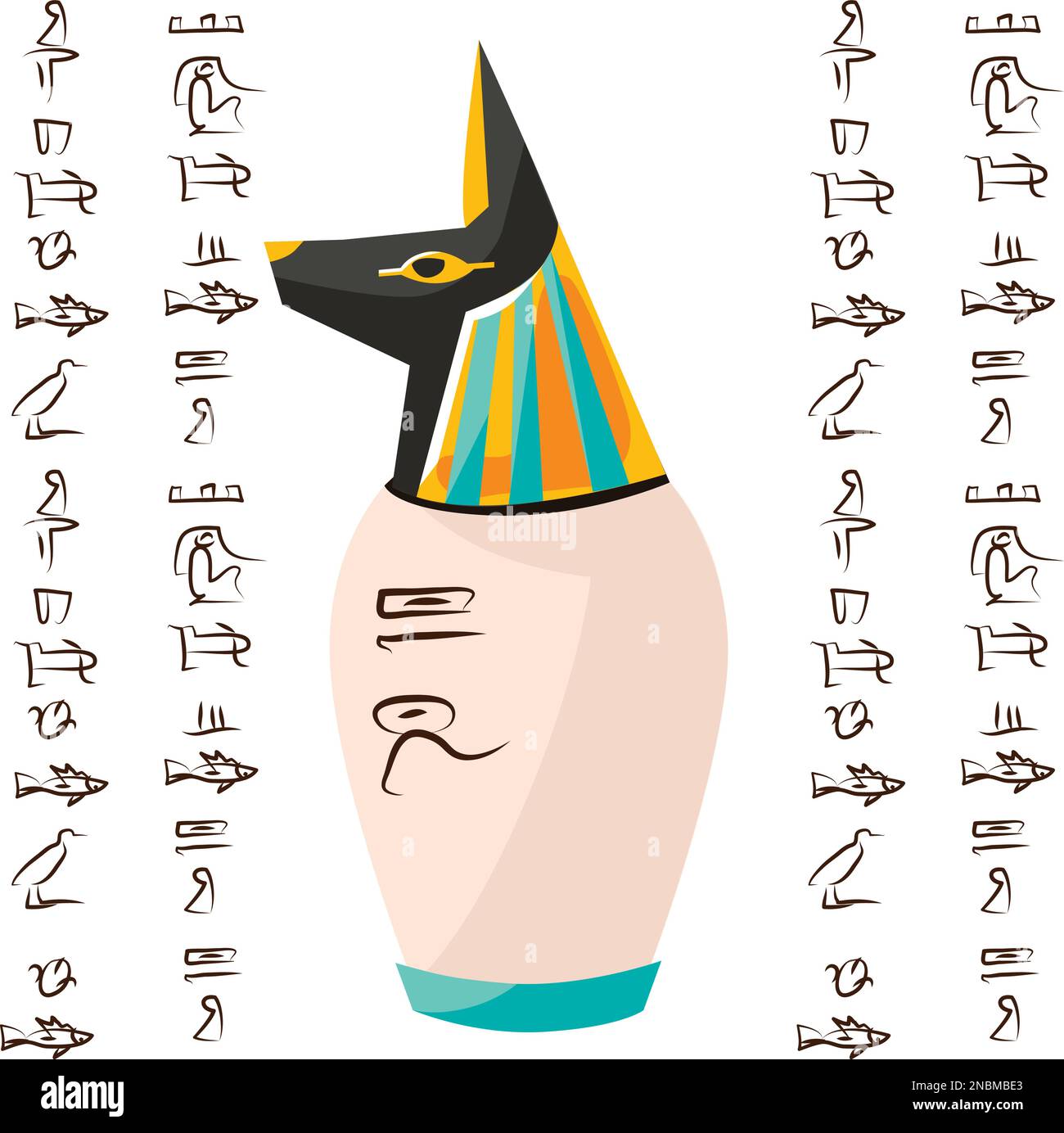 Alte ägyptische Ritualvase mit Hund, Schakalkopf und Hieroglyphen Cartoons Vektordarstellung. Dekorative Urne für ein Opfer für gott Anubis oder Aufbewahrung von Tempelschätzen, isoliert auf weißem Hintergrund Stock Vektor