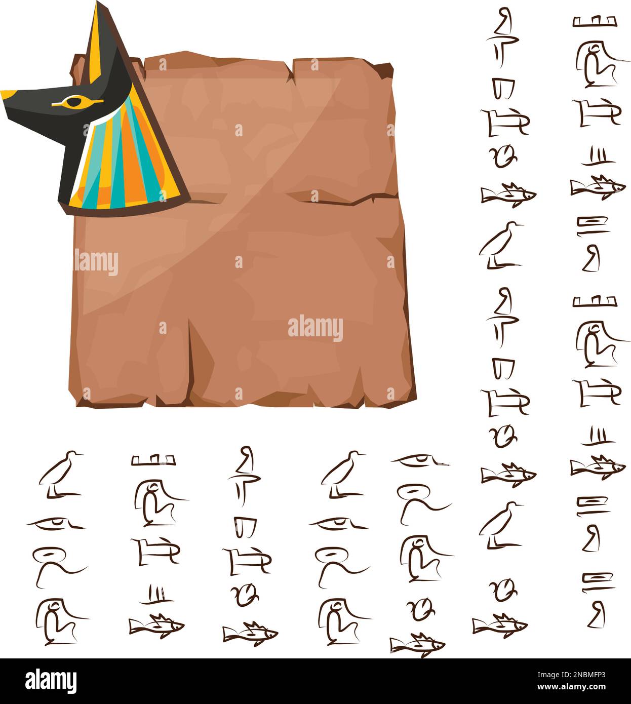 Altes ägyptisches Papyrus mit anubis-Hund, Schakenkopf-Cartoon-Vektor. Antikes Papier mit Hieroglyphen, Informationen speichern, ägyptische Kultur religiöses Symbol mit sonnengott isoliert auf weißem Hintergrund Stock Vektor