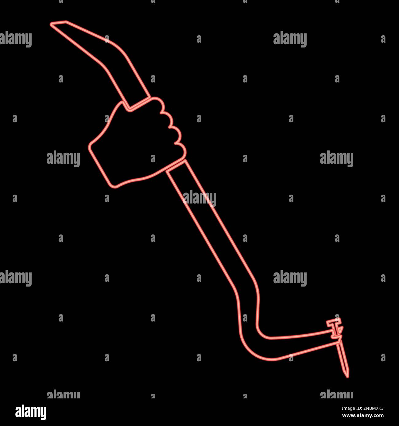 Neon-Brecheisen-Werkzeug in der Hand Entfernen Sie den Nagelhalter zieht rote Vektorbilder flaches Licht Stock Vektor