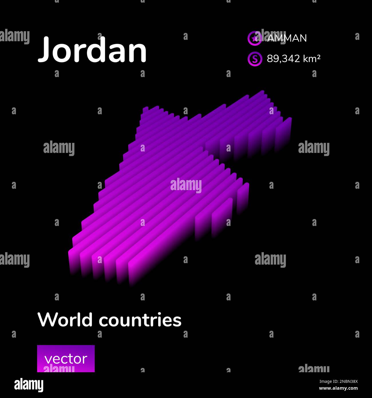 Jordan3D-Karte. Stilisierte isometrische 3D-Vektorkarte von Jordan in Neonviolett auf schwarzem Hintergrund. Geografische Karte, Infografik. Stock Vektor