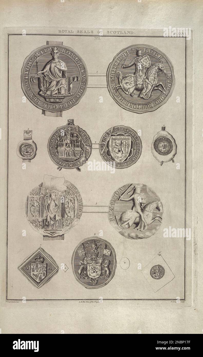 SIEGEL DER Könige, königliche Stadtbezirke UND Magnaten SCHOTTLANDS. Aus dem Buch The Society of Antiquaries of London hat auf eigene Kosten die alten Aufzeichnungen veröffentlicht, die die Erinnerung an britische Angelegenheiten bewahren, ursprünglich im lateinischen Vetusta monumenta, Quae ad rerum Britannicarum memoriam conservandam Societas Antiquariorum Londini sumptu suo edenda curavit Veröffentlicht 1746 von Londini [Gesellschaft der Antiquitäten] Stockfoto