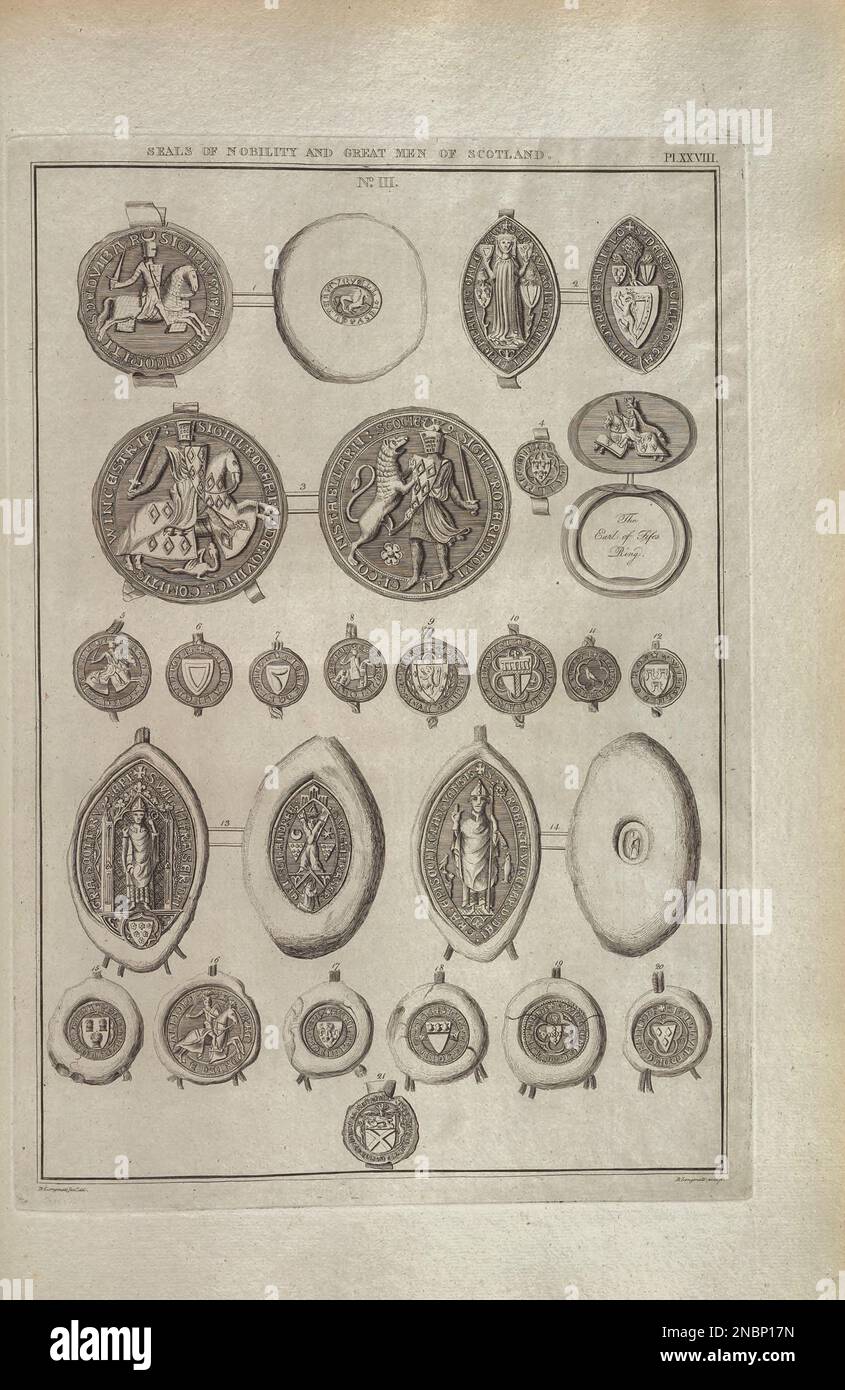 SIEGEL DER Könige, königliche Stadtbezirke UND Magnaten SCHOTTLANDS. Aus dem Buch The Society of Antiquaries of London hat auf eigene Kosten die alten Aufzeichnungen veröffentlicht, die die Erinnerung an britische Angelegenheiten bewahren, ursprünglich im lateinischen Vetusta monumenta, Quae ad rerum Britannicarum memoriam conservandam Societas Antiquariorum Londini sumptu suo edenda curavit Veröffentlicht 1746 von Londini [Gesellschaft der Antiquitäten] Stockfoto
