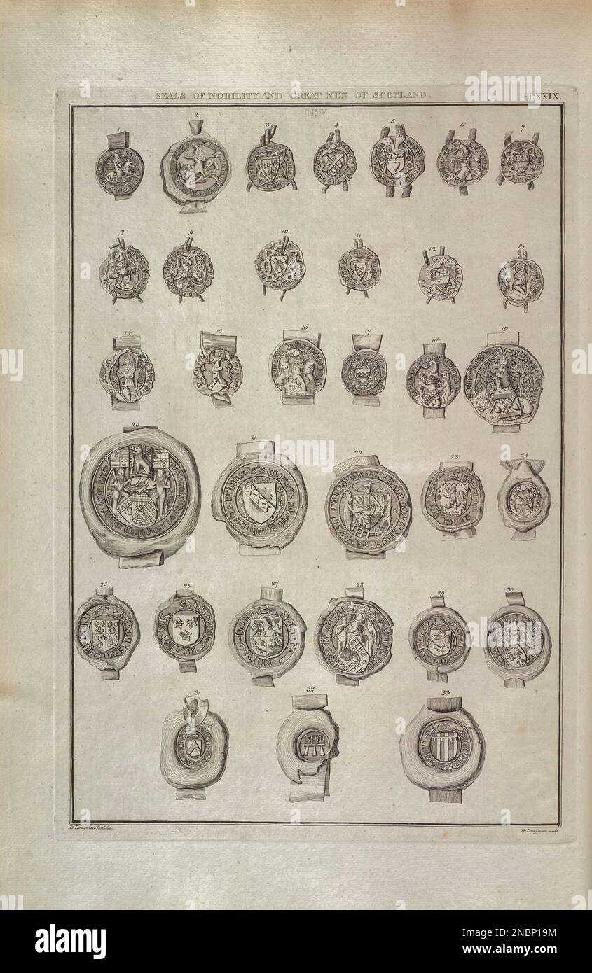 SIEGEL DER Könige, königliche Stadtbezirke UND Magnaten SCHOTTLANDS. Aus dem Buch The Society of Antiquaries of London hat auf eigene Kosten die alten Aufzeichnungen veröffentlicht, die die Erinnerung an britische Angelegenheiten bewahren, ursprünglich im lateinischen Vetusta monumenta, Quae ad rerum Britannicarum memoriam conservandam Societas Antiquariorum Londini sumptu suo edenda curavit Veröffentlicht 1746 von Londini [Gesellschaft der Antiquitäten] Stockfoto