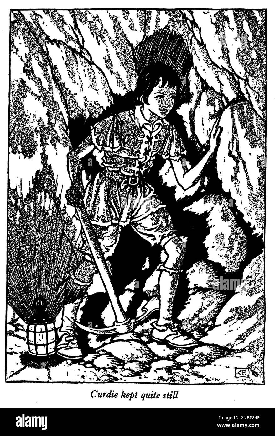 Curdie hielt sich aus dem Buch "die Prinzessin und der Kobold" von George MacDonald ruhig; illustriert mit Strichzeichnungen und Farbtafeln von Charles Folkard. Stockfoto